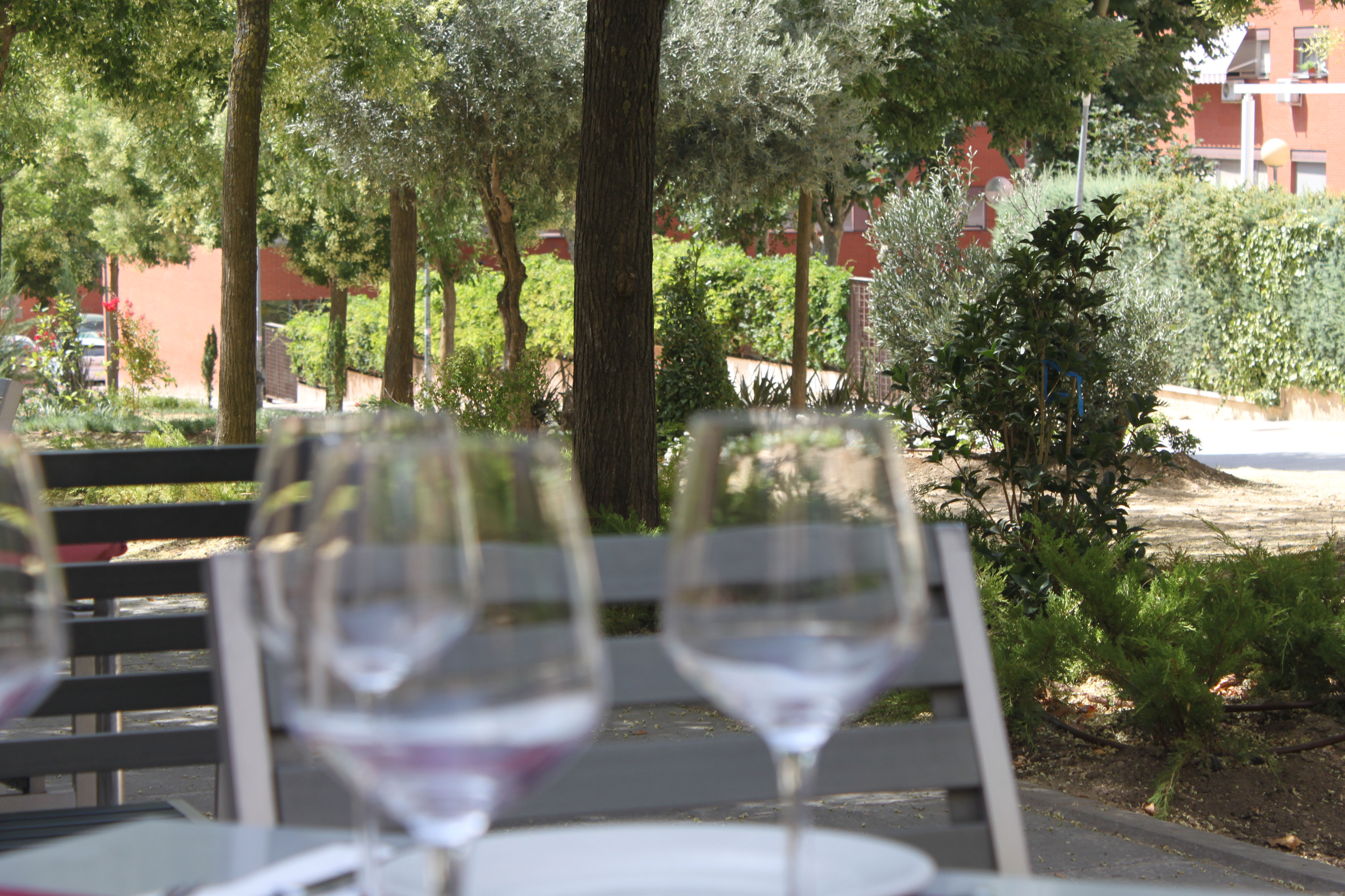 Copas de vino en la terraza del restaurante El Galeón en Móstoles